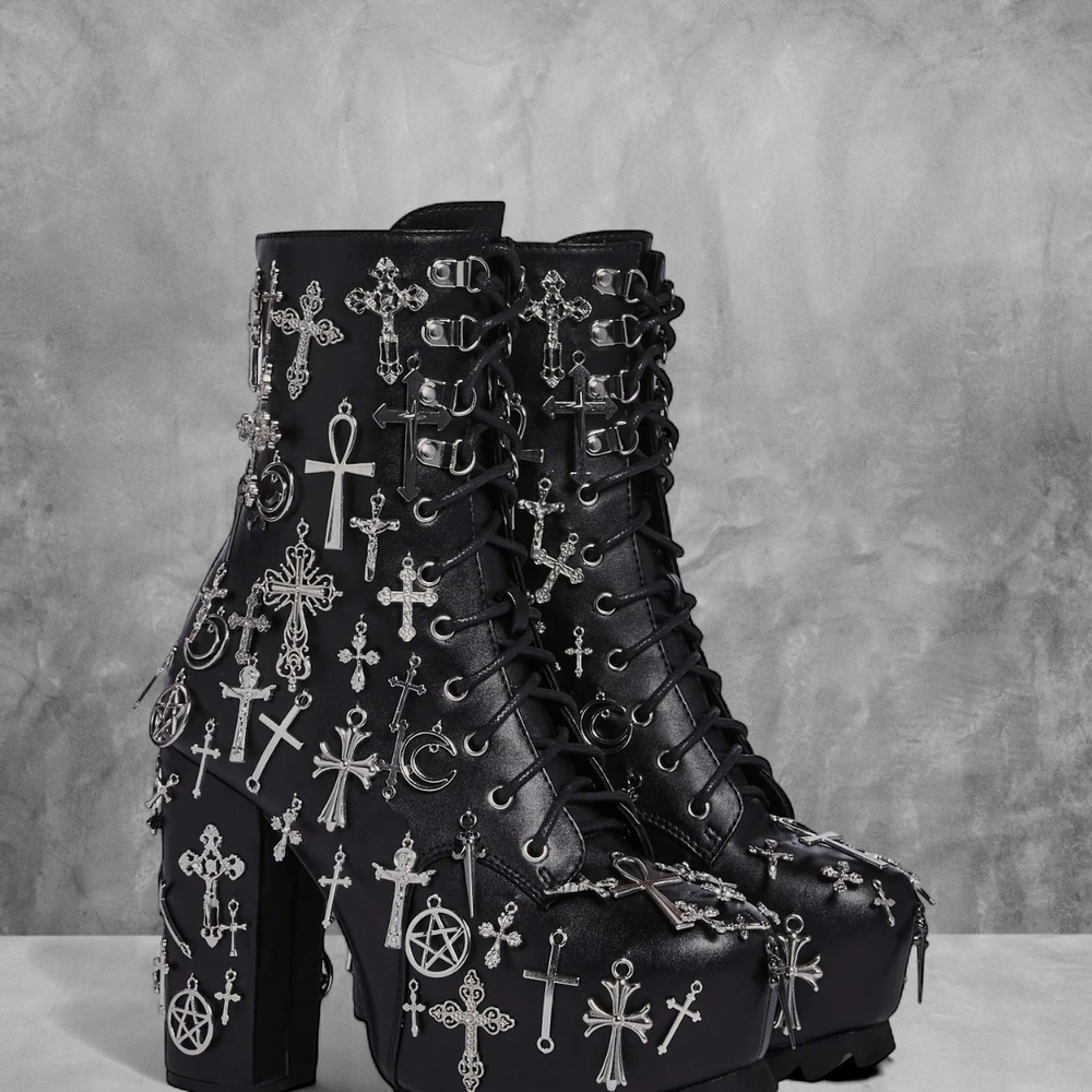 Gothic Platform Lace-Up Boots with Silver Cross Charms - Black